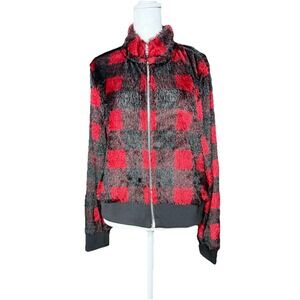 DKNY‎ Fringe Red and Black Buffalo Plaid Zip Bomber Jacket Sz M